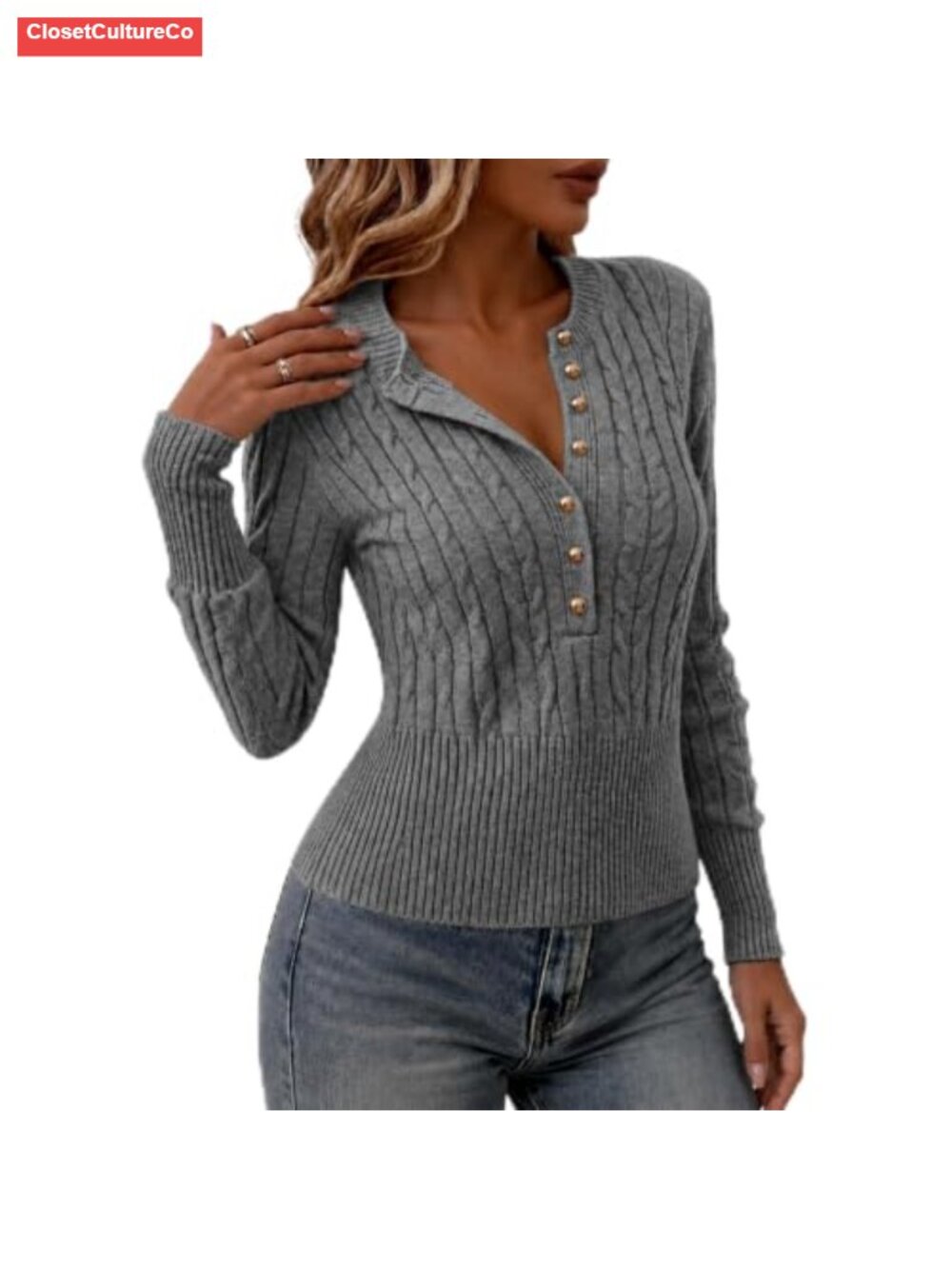 Cable Knit Button Front Cropped Sweater Long Sleeve Pullover Fitted